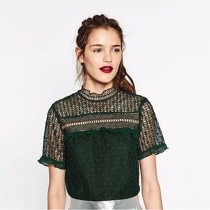ZARA emerald green lace mock neck short sleeve top